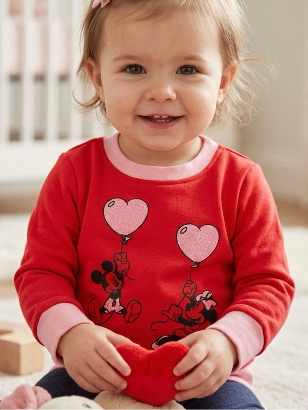 🔴 Disney Baby Girl Minnie Mouse Pink Glitter Heart Fleece Pullover 18M Red